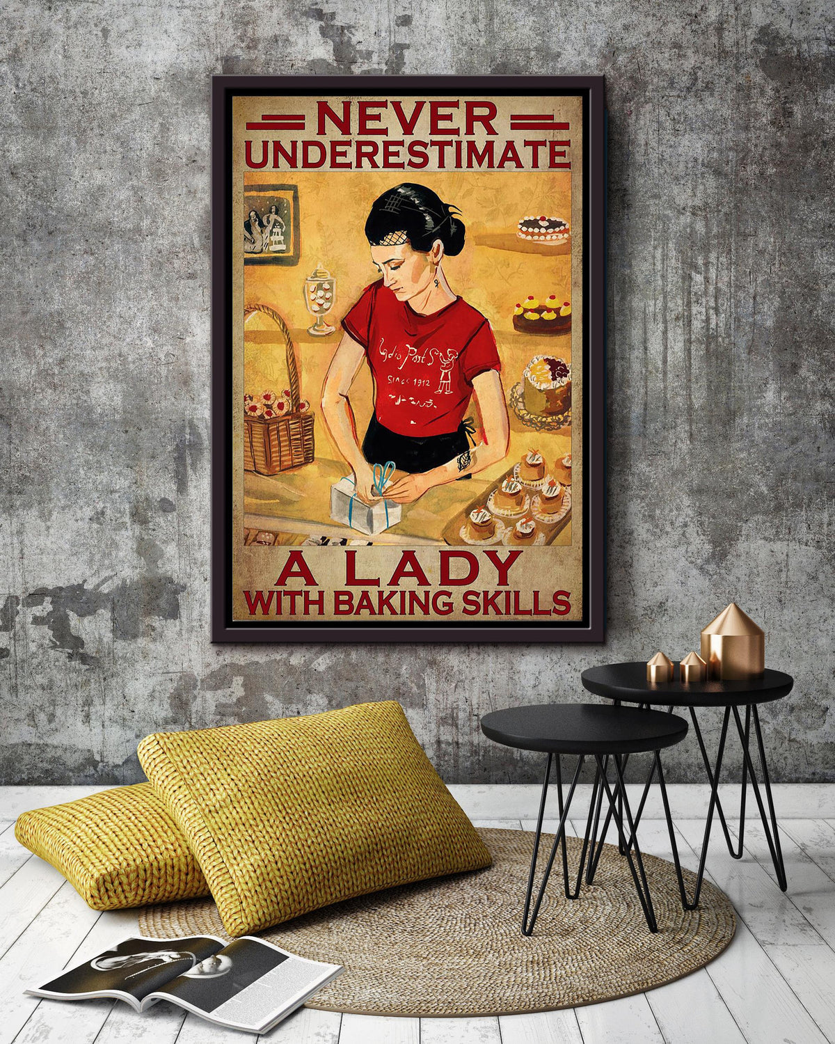 Never Underestimate Lady With Baking Skills Gift For Baker Bakery Decor Framed Canvas
