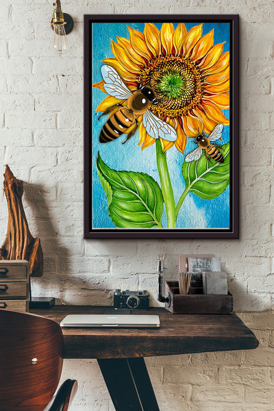 Two Bees With Sunflower Poster Framed Matte Canvas