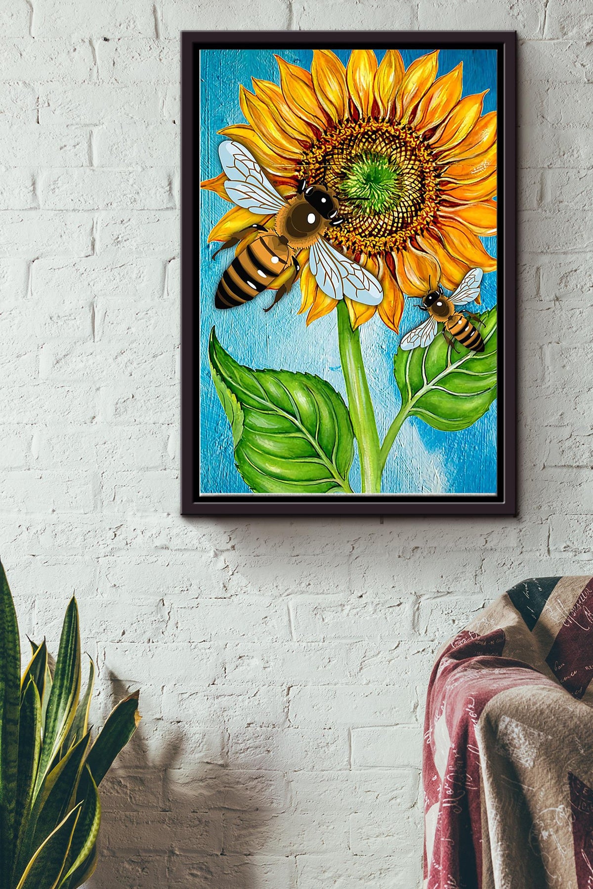 Two Bees With Sunflower Poster Framed Matte Canvas