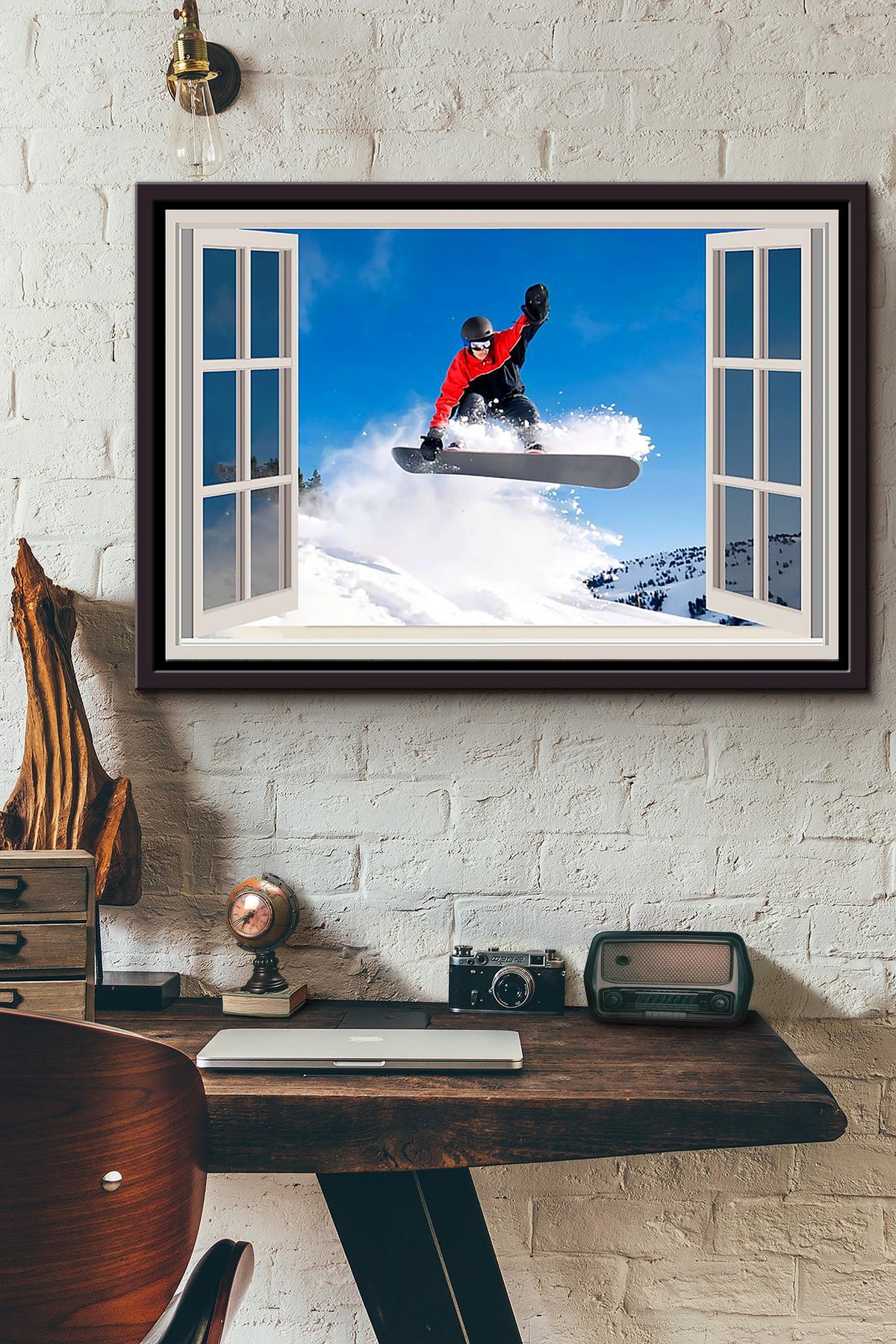 Skiing High Above The Sky Window View Poster n Framed Matte Canvas