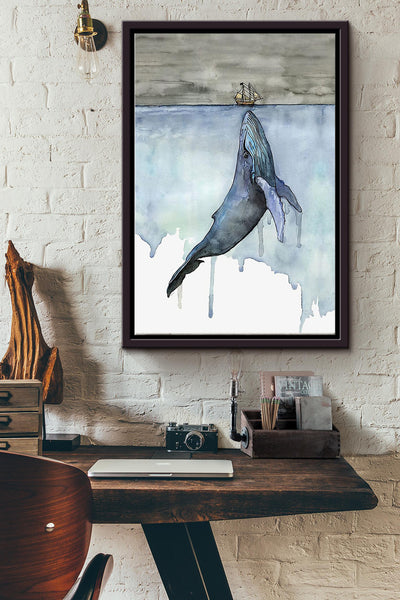 Whale With The Boat In The Ocean Poster Framed Matte Canvas