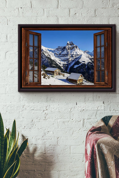 Village Under The Snow Mountain Morning Window View Poster n Framed Matte Canvas