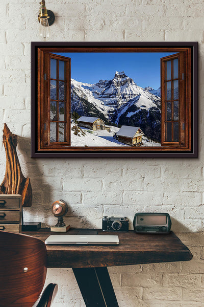 Village Under The Snow Mountain Morning Window View Poster n Framed Matte Canvas