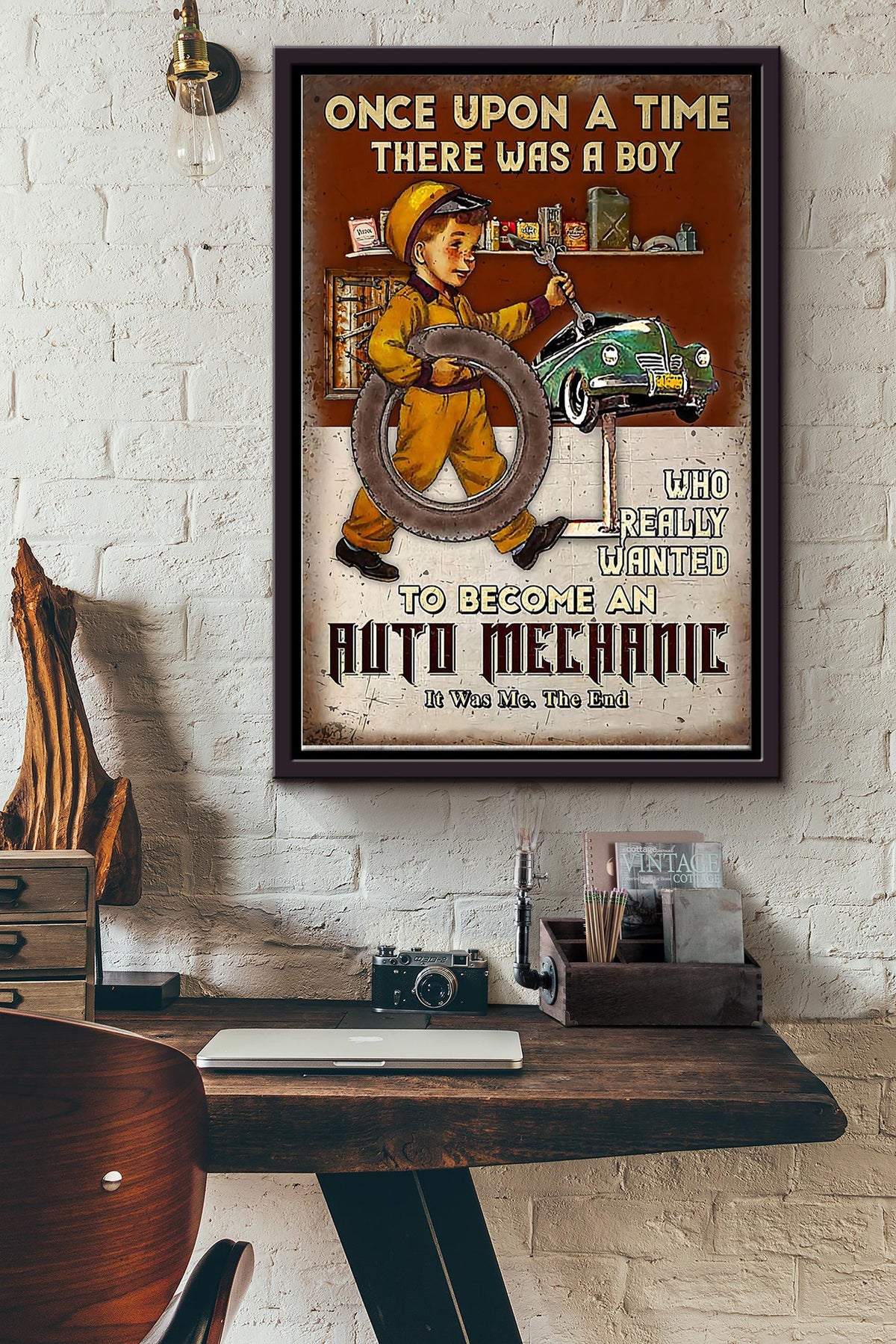 Once Upon A Time Boy Wanted To Become Auto Mechanic Poster Mechanical Engineer Wall Art Canvas Gift For Men Fathers Day Husband Car Repair Shop Kids Car Lover Framed Matte Canvas Framed Prints, Canvas