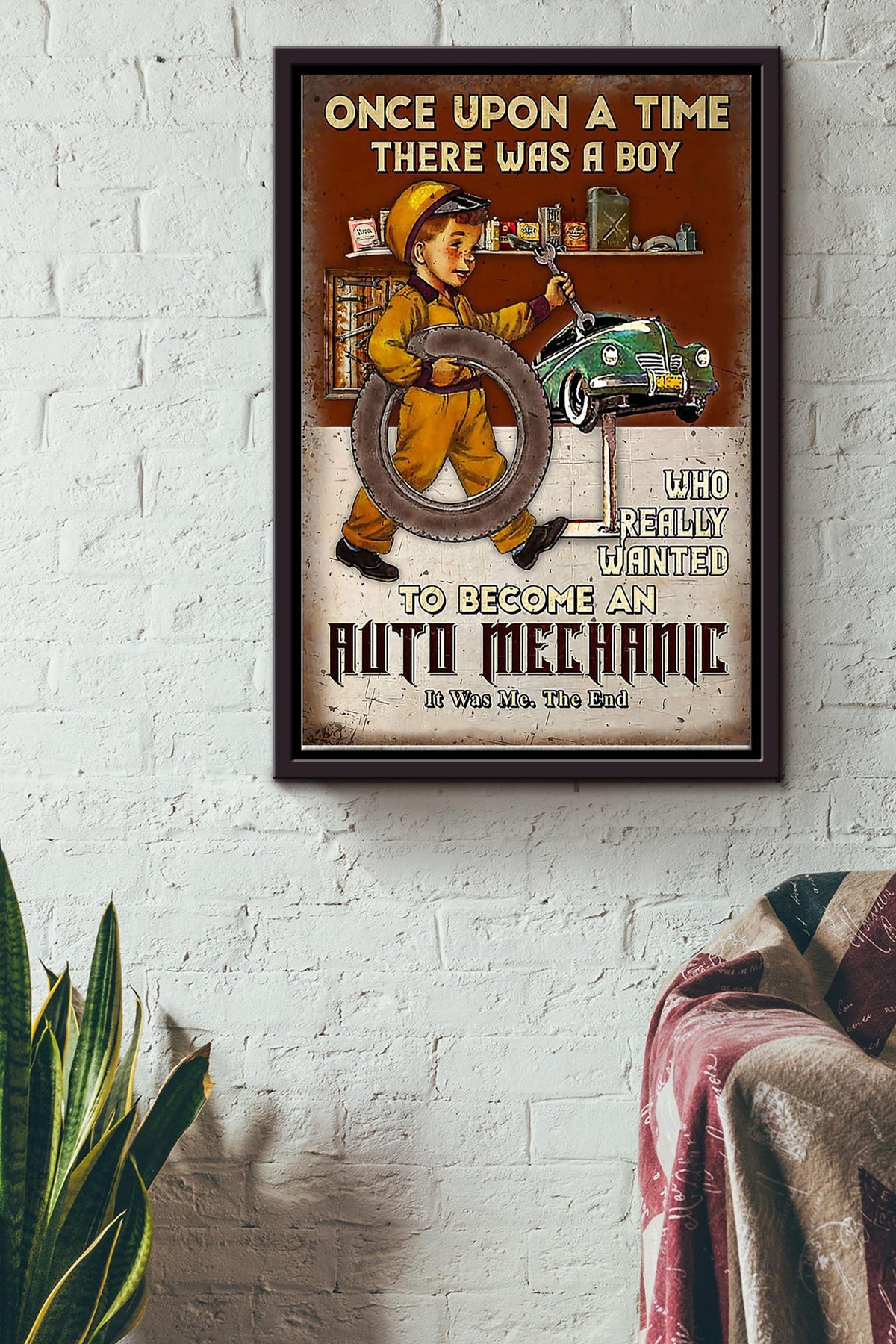 Once Upon A Time Boy Wanted To Become Auto Mechanic Poster Mechanical Engineer Wall Art Canvas Gift For Men Fathers Day Husband Car Repair Shop Kids Car Lover Framed Matte Canvas Framed Prints, Canvas