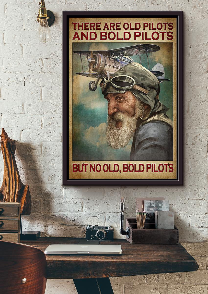 There Are Old And Bold Pilots Motivation Quote Wall Art Gift For Grandfather Flight Attendant Framed Canvas Framed Prints, Canvas