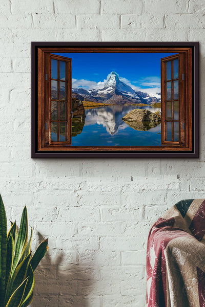 Snow Mountain And River Window View Poster n Framed Matte Canvas