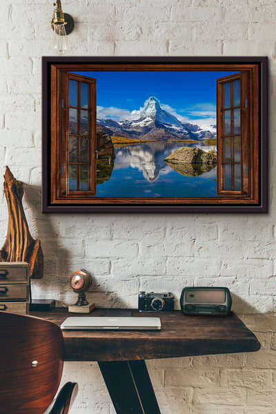 Snow Mountain And River Window View Poster n Framed Matte Canvas