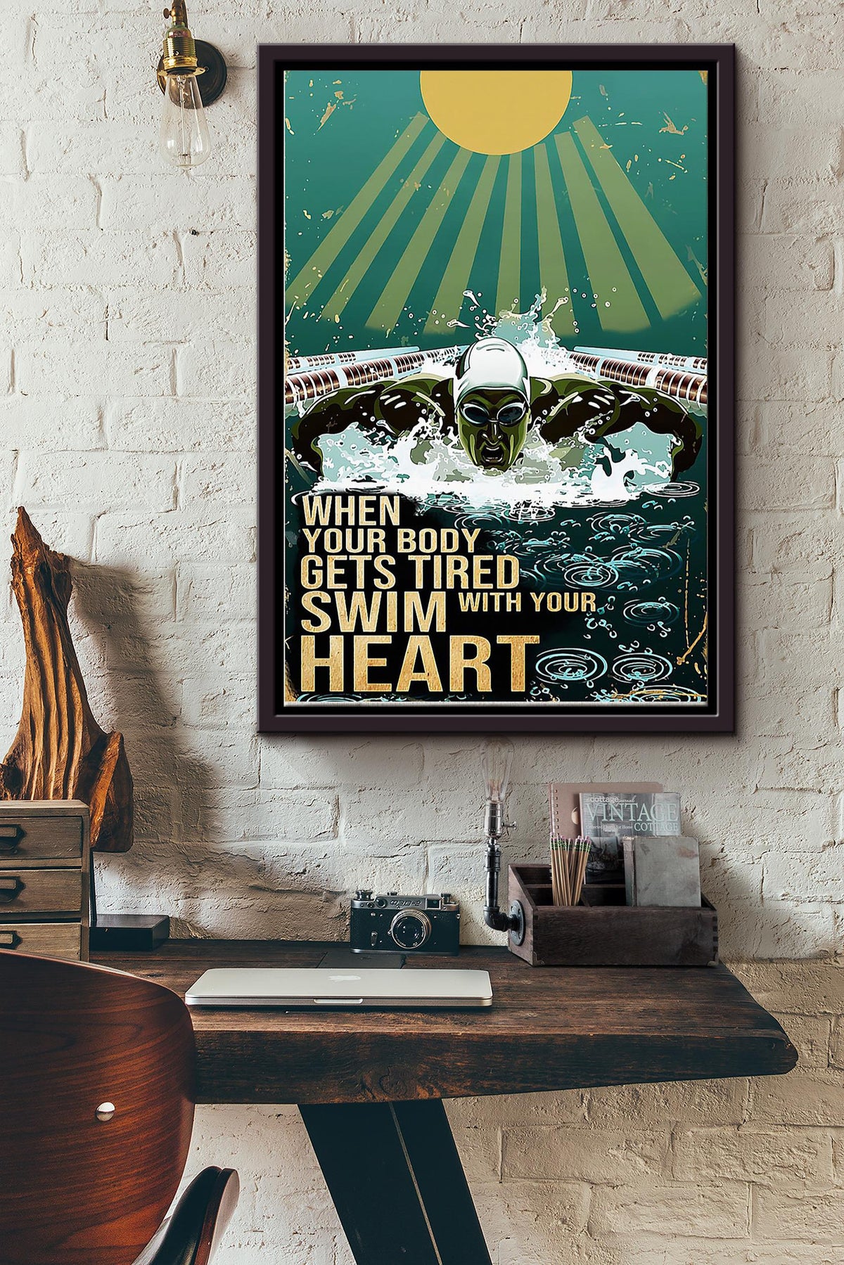 When Your Body Gets Tired Swim With Your Heart Vintage Swimming Poster Framed Matte Canvas