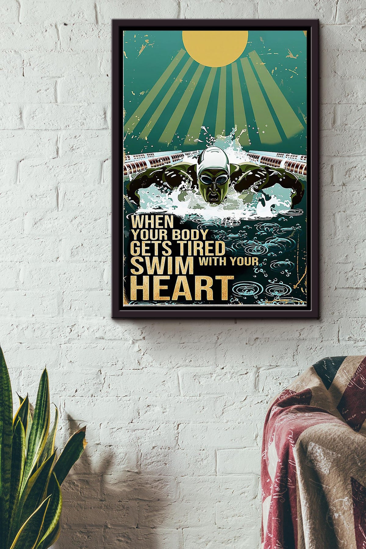 When Your Body Gets Tired Swim With Your Heart Vintage Swimming Poster Framed Matte Canvas