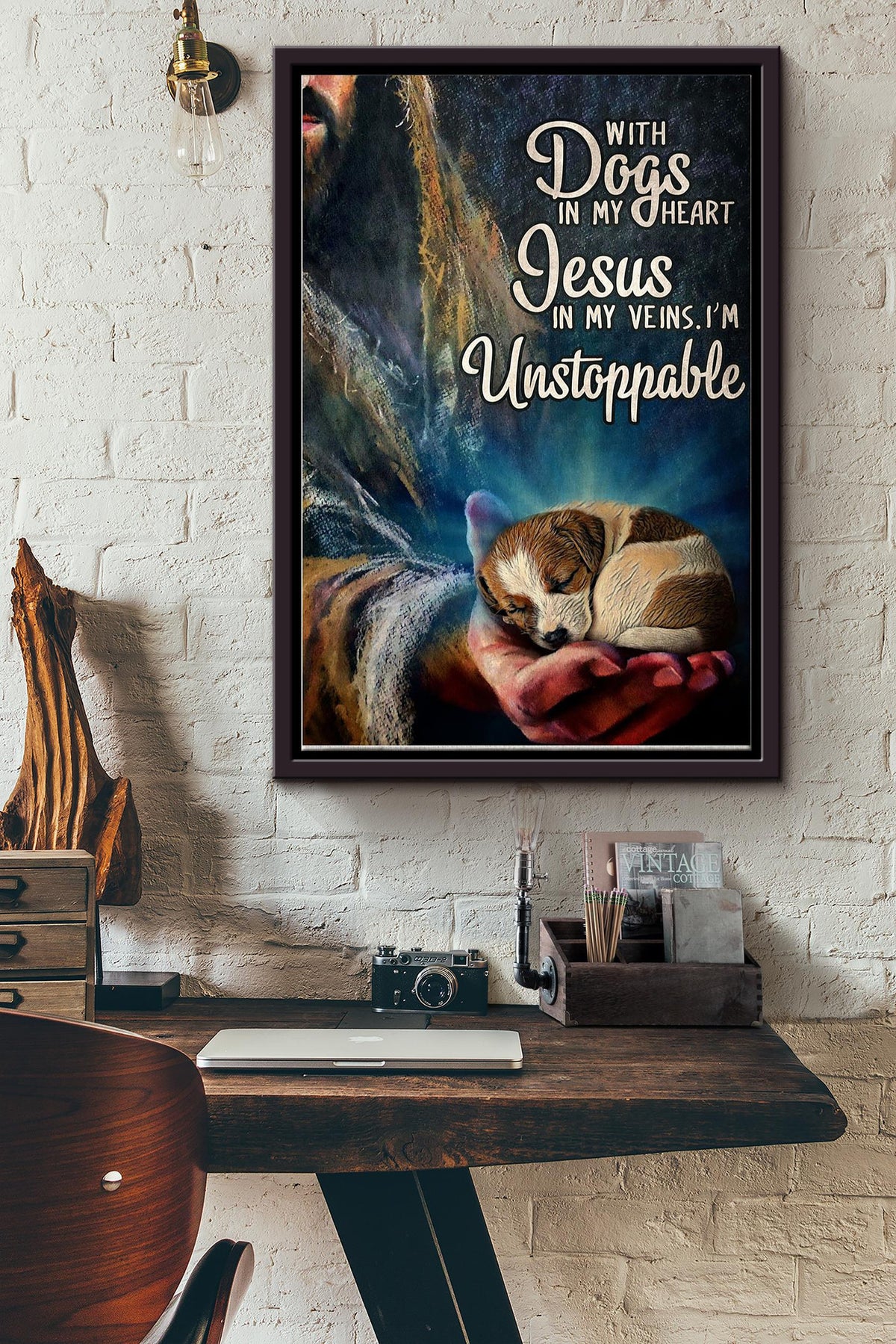 With Golden Dogs In My Heart Jesus In My Veins Im Unstoppable Christan Poster Framed Matte Canvas