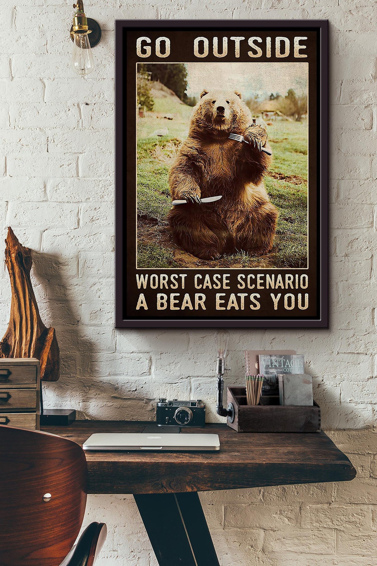 Outside Camping Funny Quote Bear Eats You Gift For Camping Lover Framed Canvas