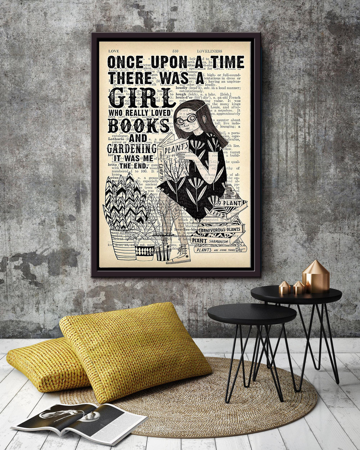 Once Upon A Time There Was A Girl Who Really Loved Books And Gardening Vitage Girl Wall Art For Book Lover Garener Framed Matte Canvas Framed Prints, Canvas
