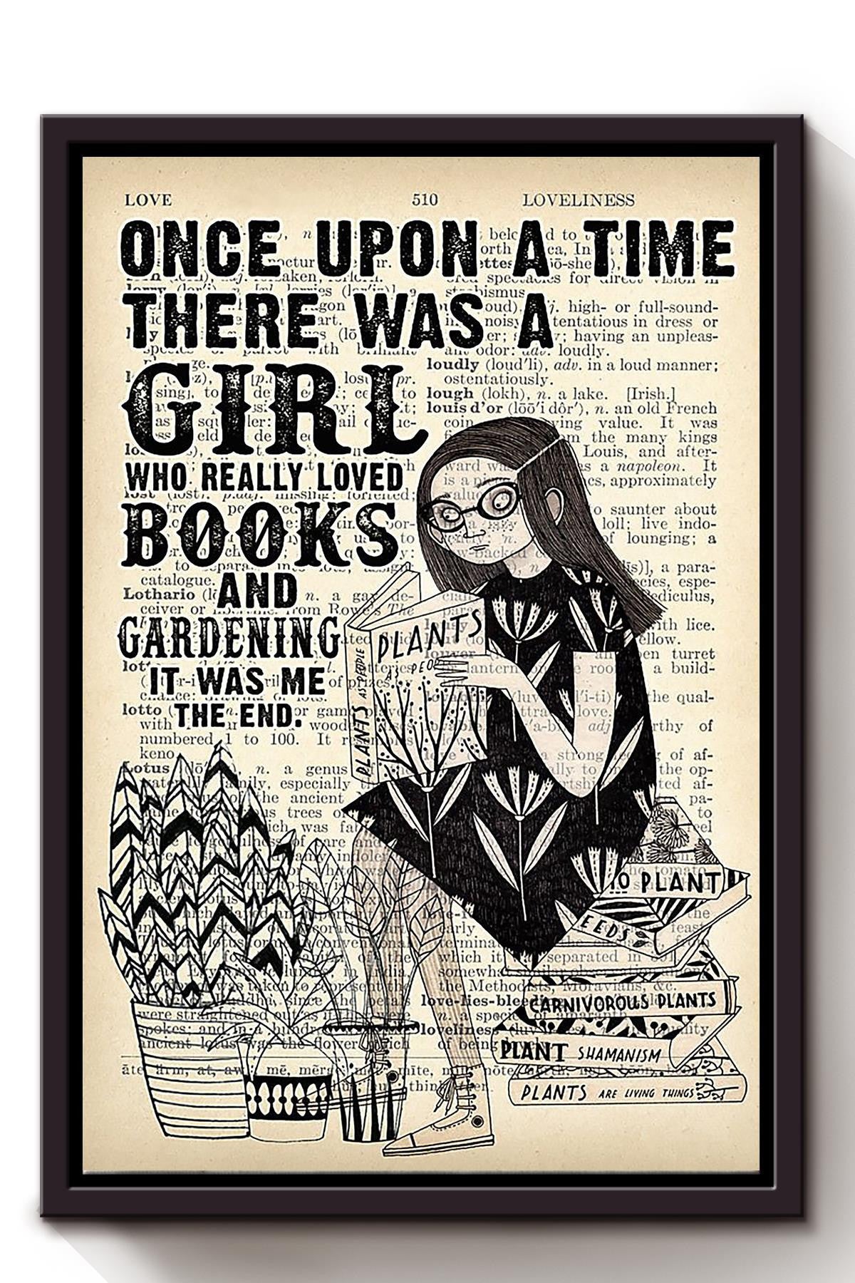 Once Upon A Time There Was A Girl Who Really Loved Books And Gardening Vitage Girl Wall Art For Book Lover Garener Framed Matte Canvas Framed Prints, Canvas