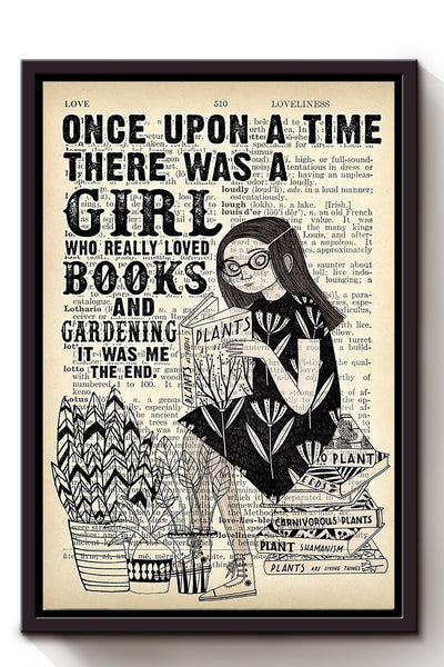 Once Upon A Time There Was A Girl Who Really Loved Books And Gardening Vitage Girl Wall Art For Book Lover Garener Framed Matte Canvas Framed Prints, Canvas