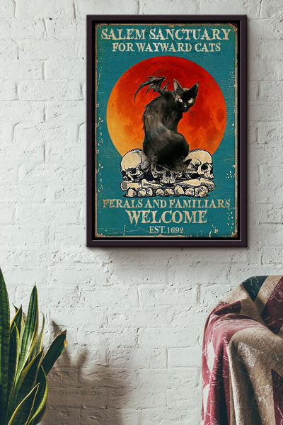 Salem Sanctualy For Wayward Cats Animal Wall Art Gift For Blackcat Lover, Halloween Decor, Sabrina Fan Framed Canvas Framed Prints, Canvas