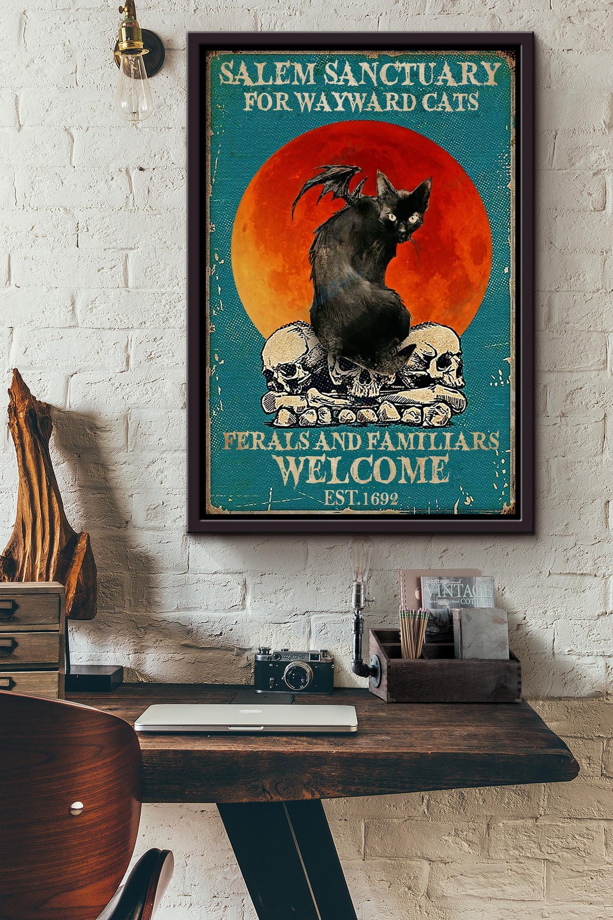 Salem Sanctualy For Wayward Cats Animal Wall Art Gift For Blackcat Lover, Halloween Decor, Sabrina Fan Framed Canvas Framed Prints, Canvas