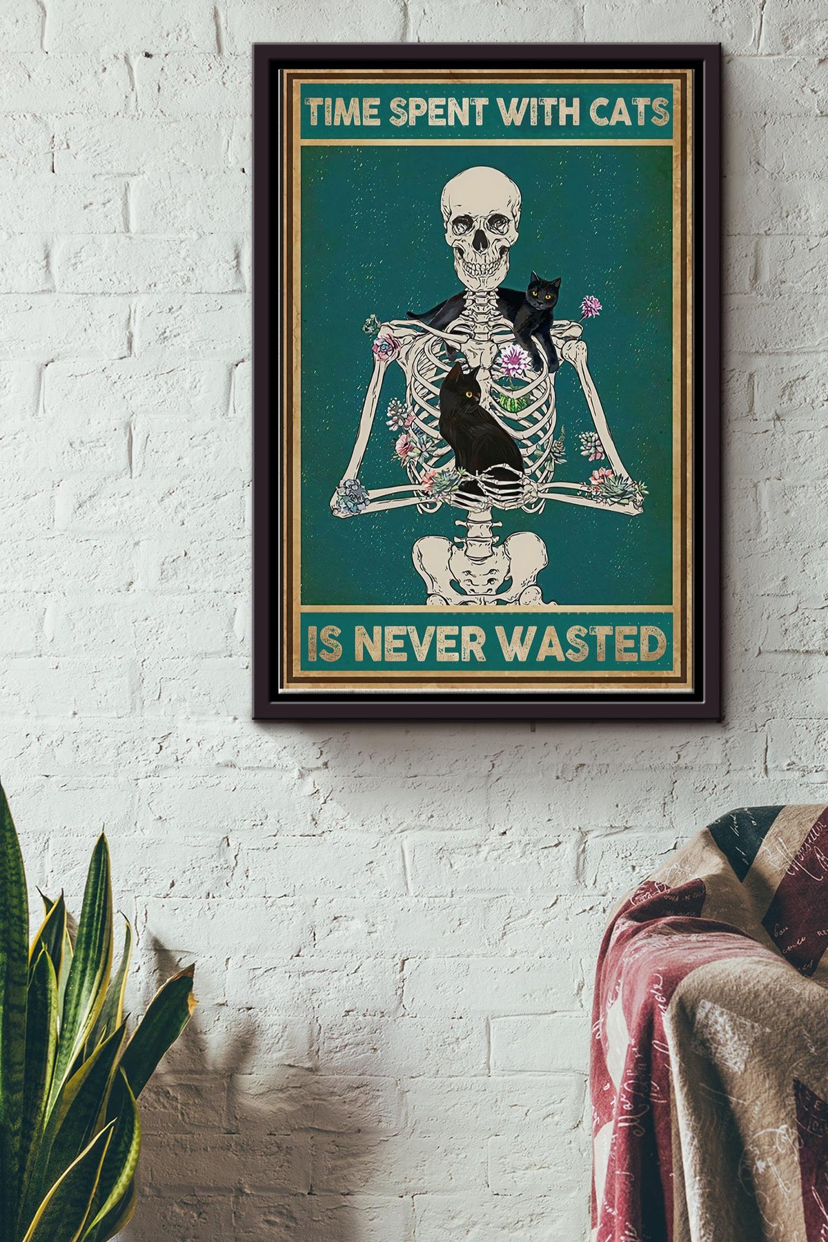 Time Spent With Cats Is Never Wasted Skeleton And Black Cat Poster - Decor Wall Art - Gift For Cat Lover Girl Boy Skull Lover Framed Matte Canvas Framed Prints, Canvas