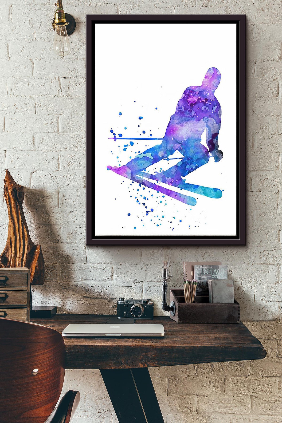 Skiing Watercolor Poster Framed Matte Canvas