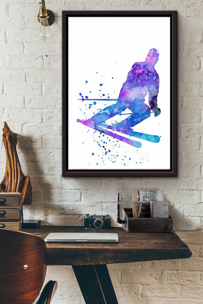 Skiing Watercolor Poster Framed Matte Canvas