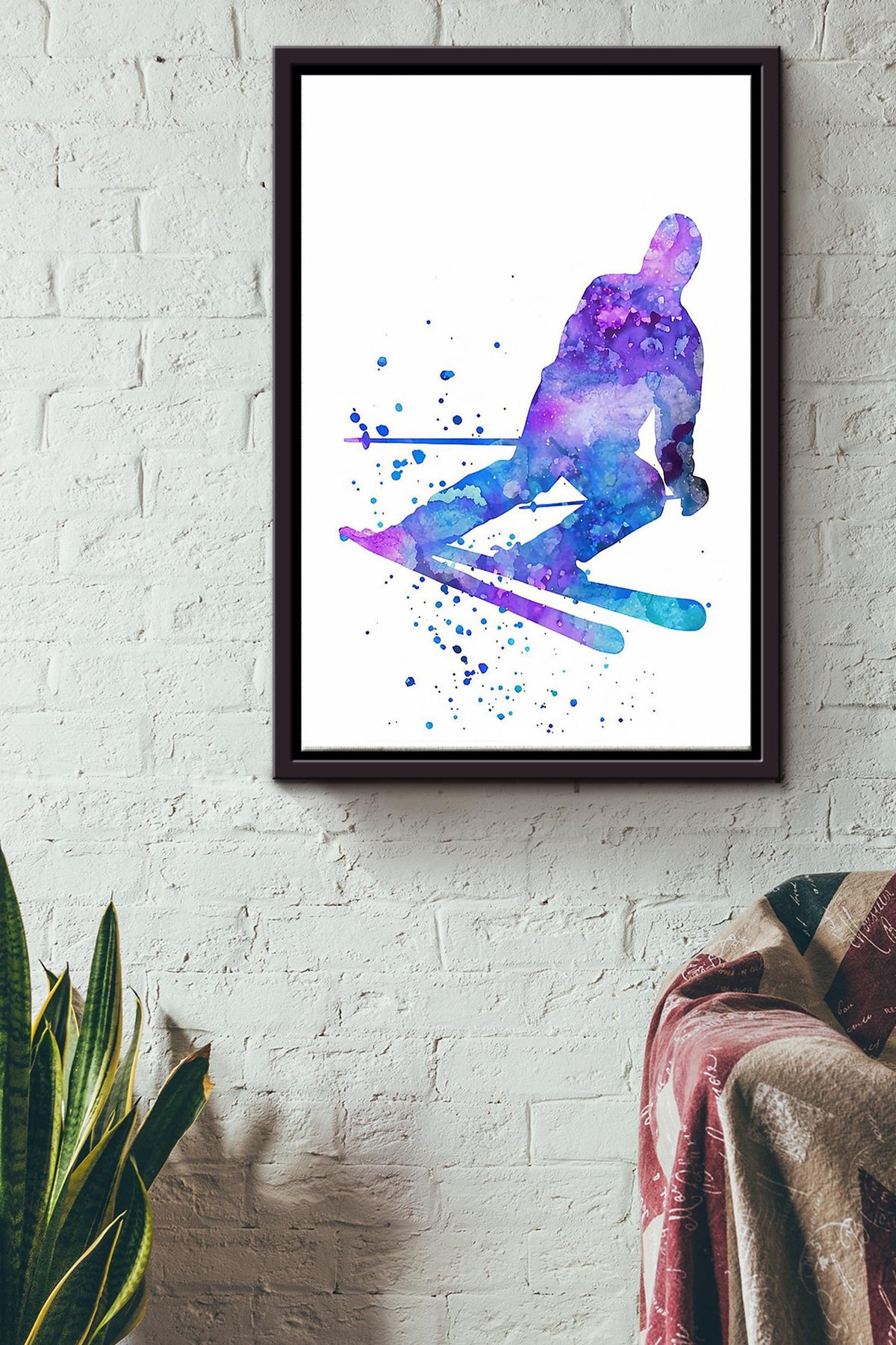 Skiing Watercolor Poster Framed Matte Canvas