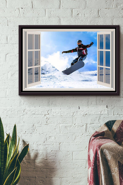 Skiing Window View Poster n Framed Matte Canvas