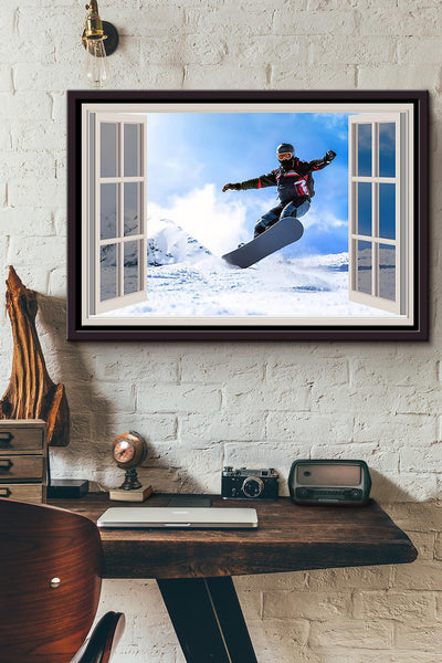 Skiing Window View Poster n Framed Matte Canvas
