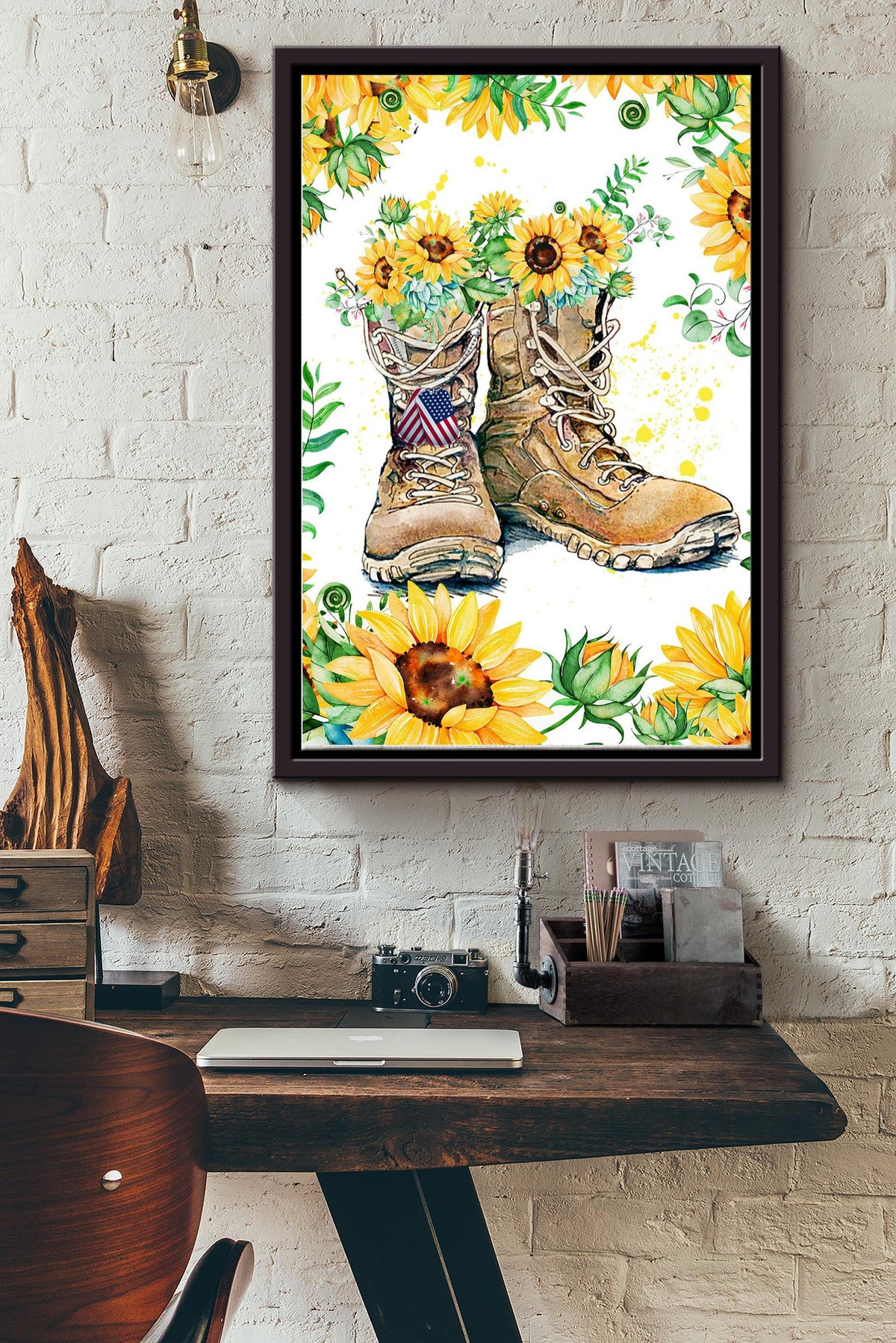 Sunflower Combat Boots Veteran Poster Vintage Wall Art Gifts Framed Matte Canvas Framed Prints, Canvas