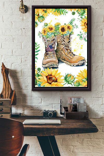 Sunflower Combat Boots Veteran Poster Vintage Wall Art Gifts Framed Matte Canvas Framed Prints, Canvas