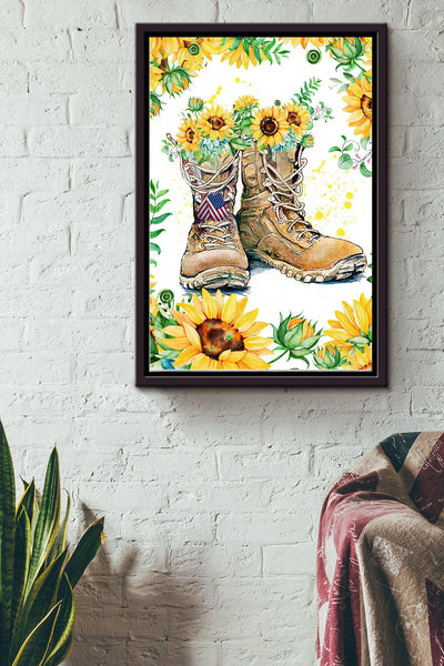 Sunflower Combat Boots Veteran Poster Vintage Wall Art Gifts Framed Matte Canvas Framed Prints, Canvas
