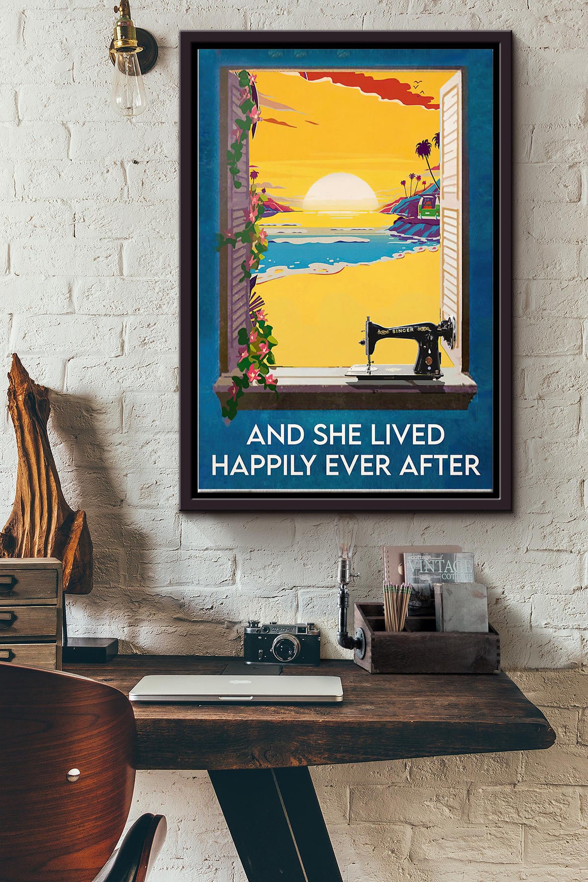 Sewing Machine Summer Beach And She Lived Happily Ever After Poster Framed Matte Canvas
