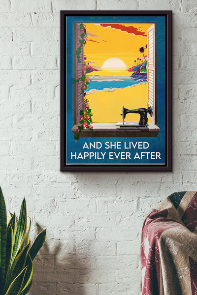 Sewing Machine Summer Beach And She Lived Happily Ever After Poster Framed Matte Canvas
