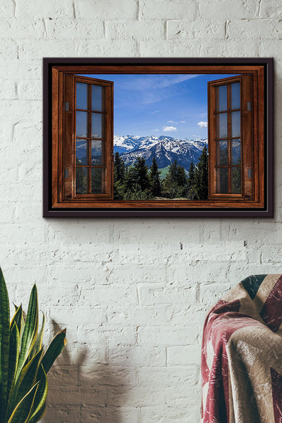 Window View Snow Mountain And Forest Poster n Framed Matte Canvas
