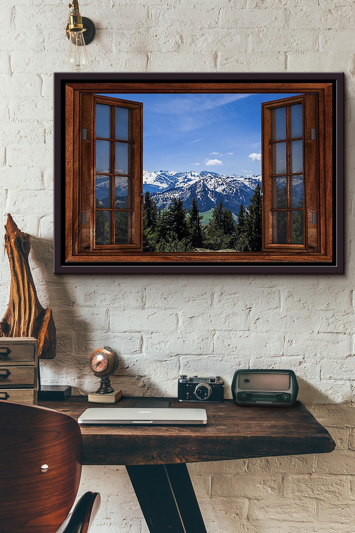 Window View Snow Mountain And Forest Poster n Framed Matte Canvas