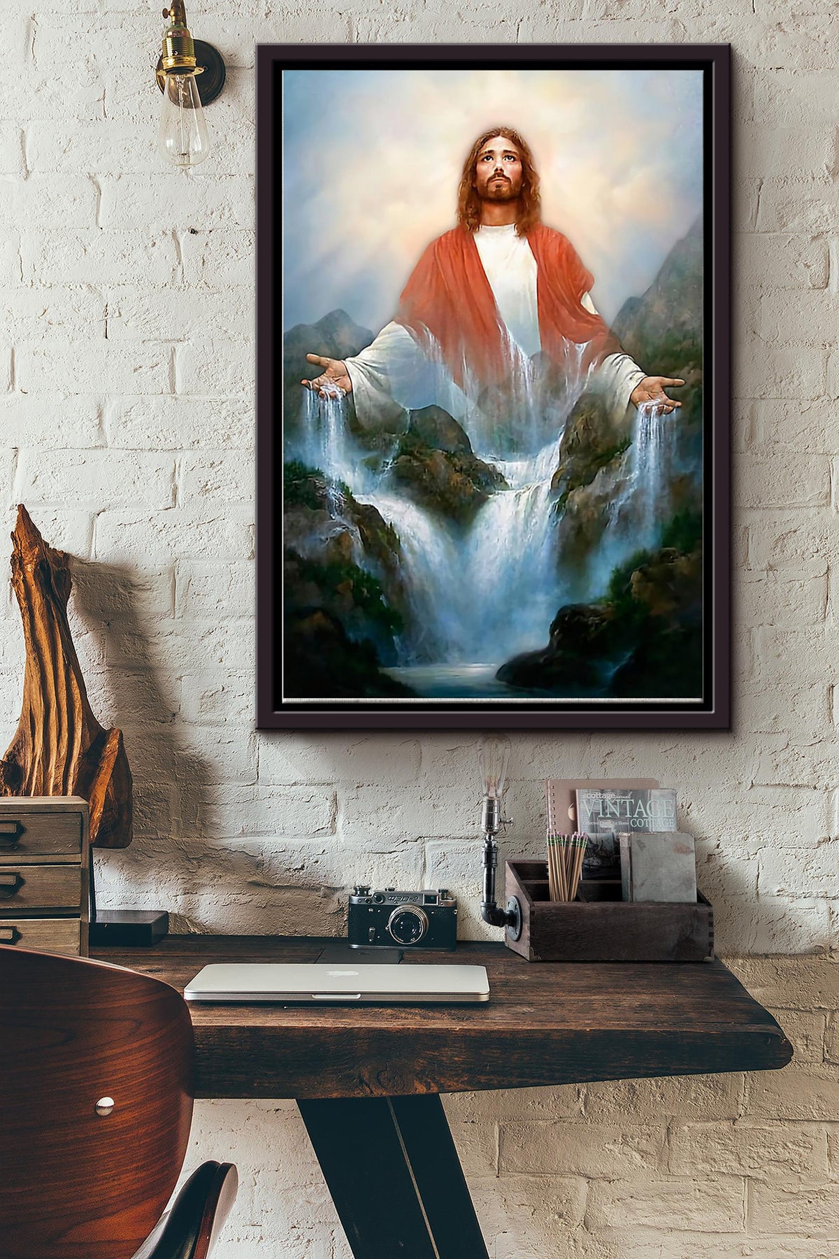 Waterfall Christan Art Poster Framed Matte Canvas