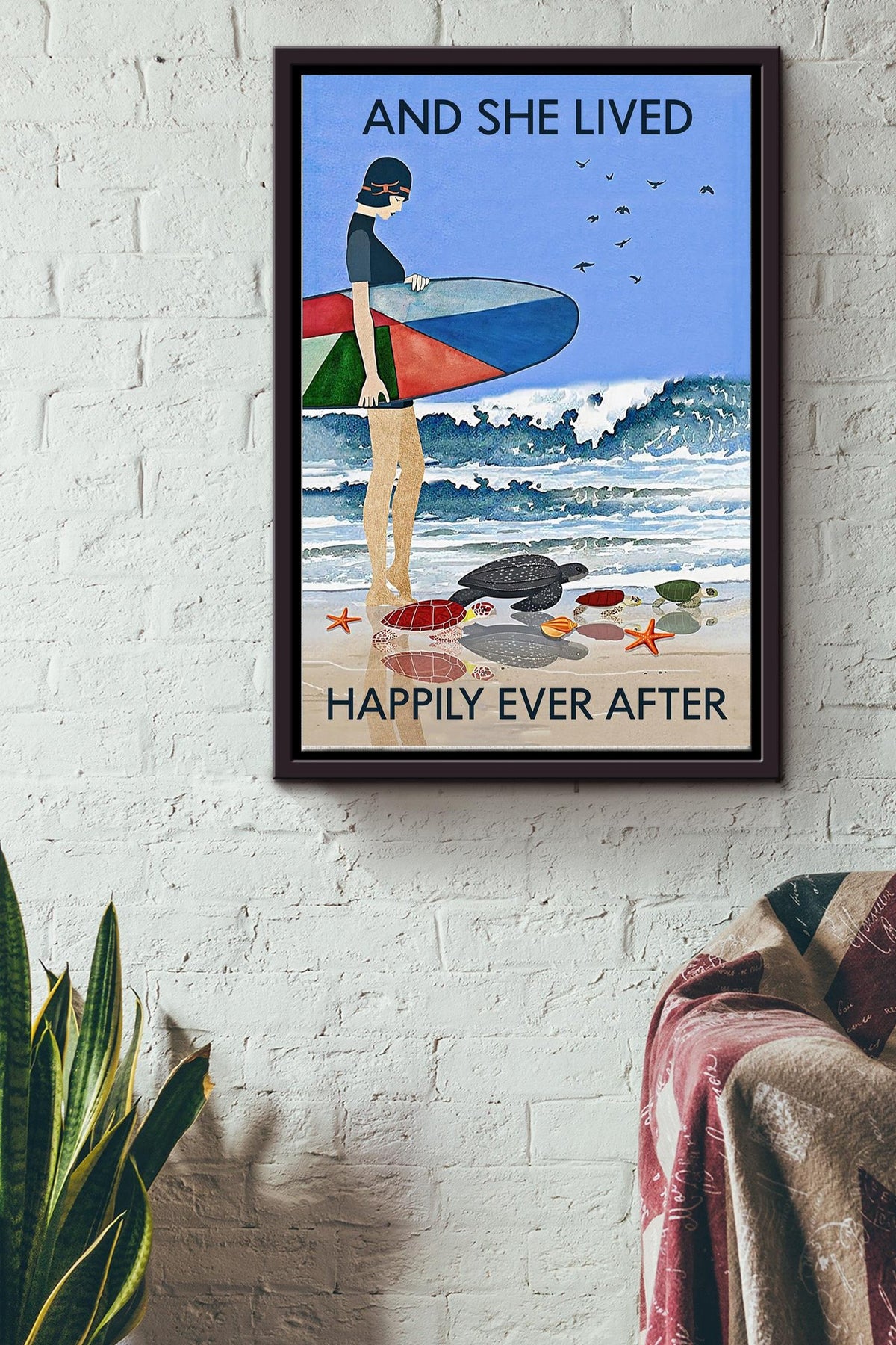 Vintage Girl Lived Happily Surfing Print Canvas Wall Art Poster Anniversary Birthday Christmas Housewarming Gift Home Framed Matte Canvas Framed Prints, Canvas