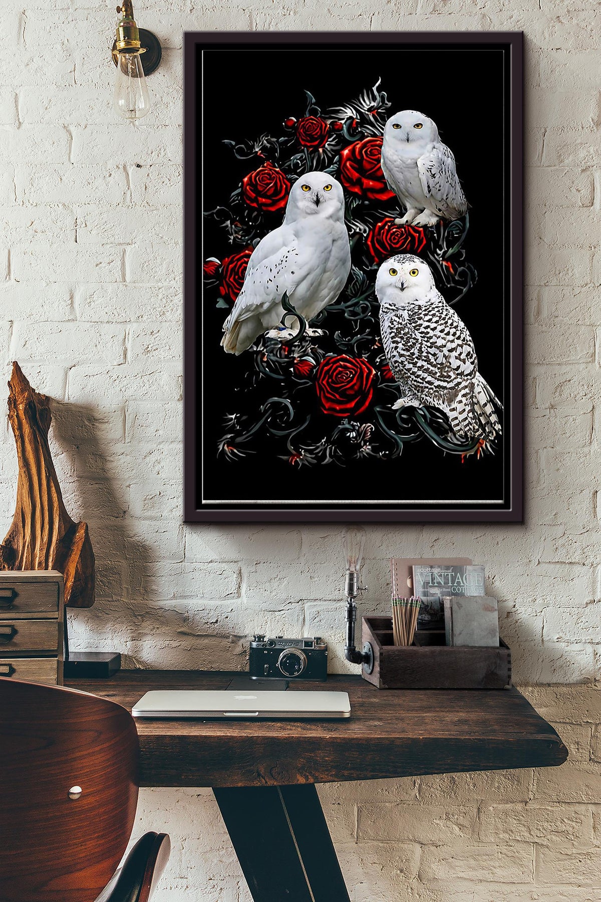 Three Snowy Owls On Rose Tree Poster - Animal Wall Art - Great Owl Owl Print Gift For Animal Lover Framed Matte Canvas Framed Prints, Canvas