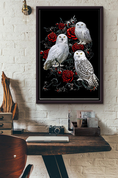 Three Snowy Owls On Rose Tree Poster - Animal Wall Art - Great Owl Owl Print Gift For Animal Lover Framed Matte Canvas Framed Prints, Canvas