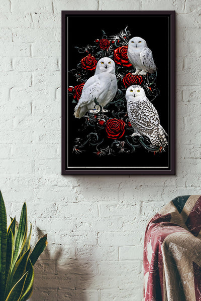 Three Snowy Owls On Rose Tree Poster - Animal Wall Art - Great Owl Owl Print Gift For Animal Lover Framed Matte Canvas Framed Prints, Canvas