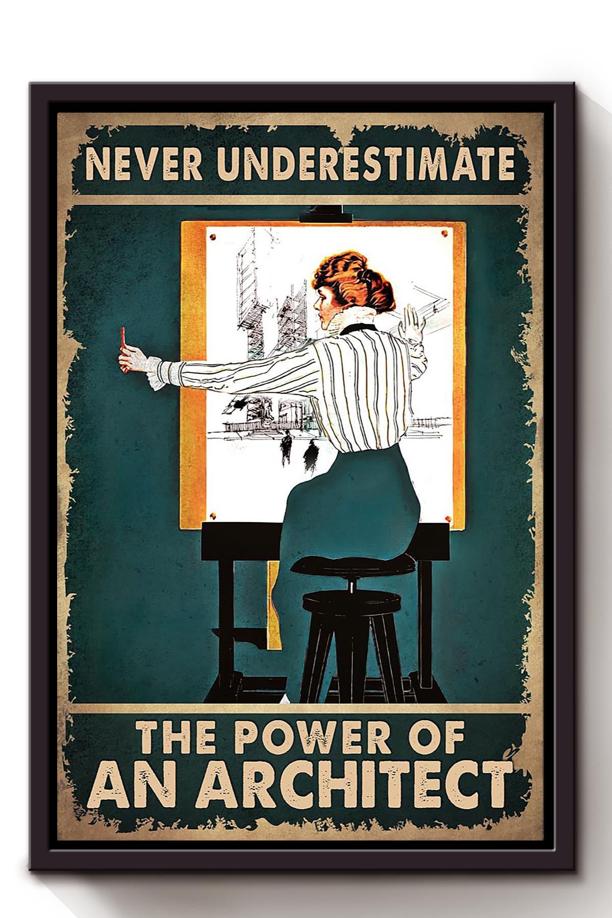 Never Underestimate Power Of Architect Gift For Woman's Day Framed Canvas