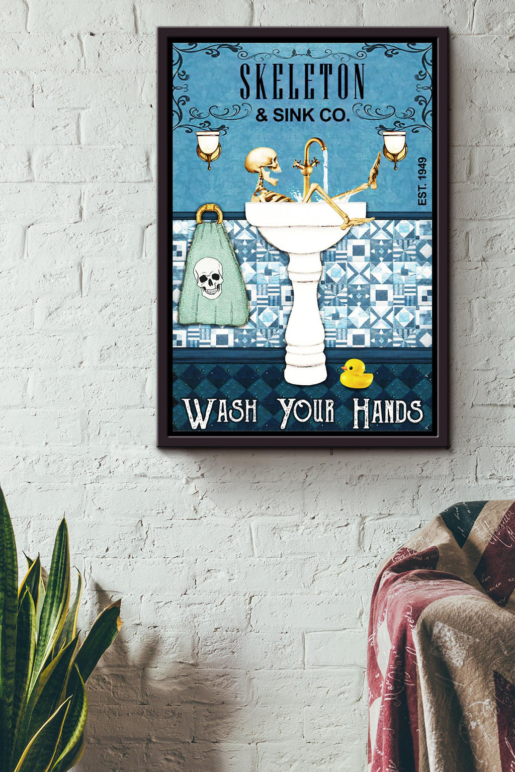 Skeleton In Sink Wash Your Hands Funny Wall Art For Bathroom Decor Housewarming Framed Canvas Framed Prints, Canvas