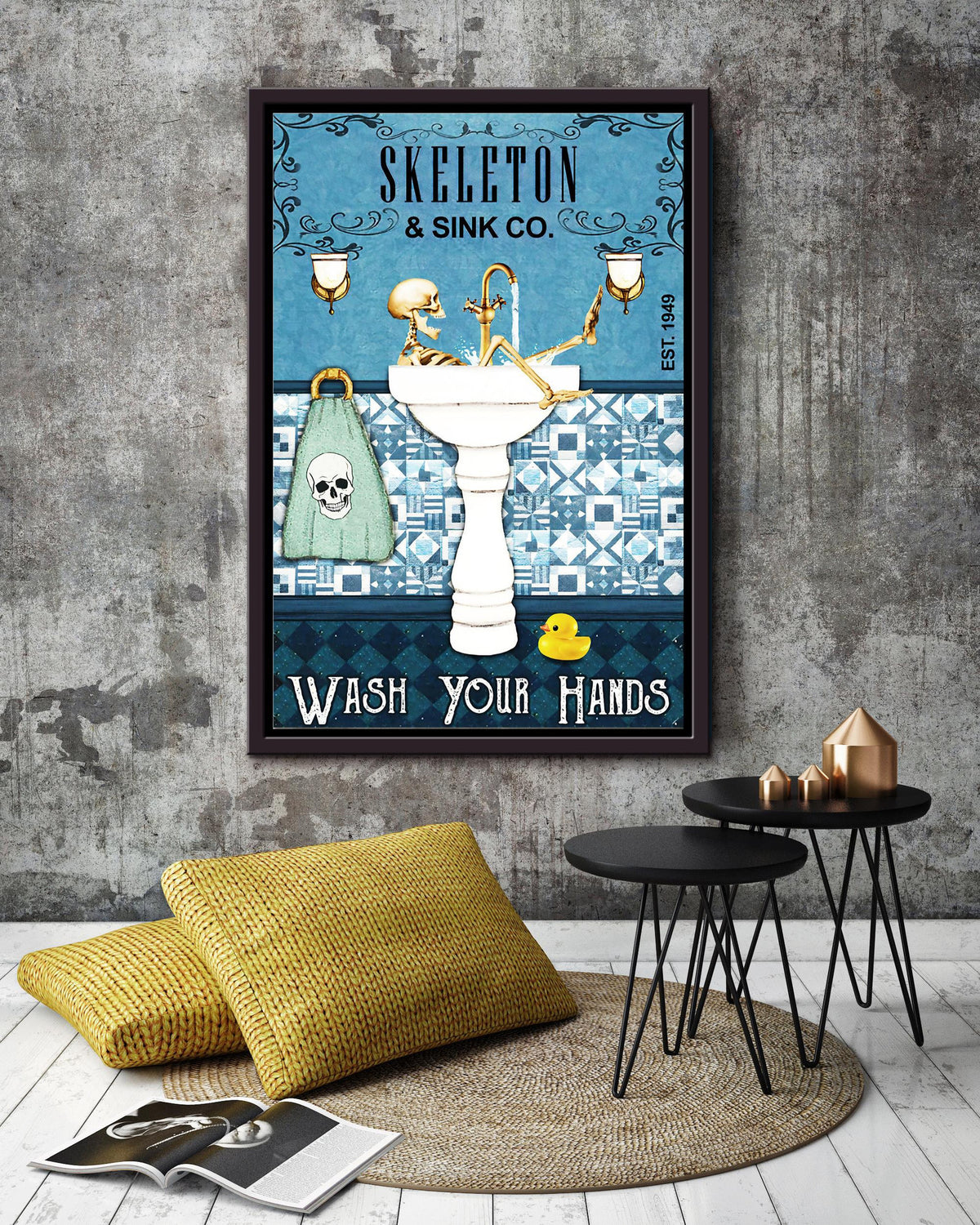 Skeleton In Sink Wash Your Hands Funny Wall Art For Bathroom Decor Housewarming Framed Canvas Framed Prints, Canvas