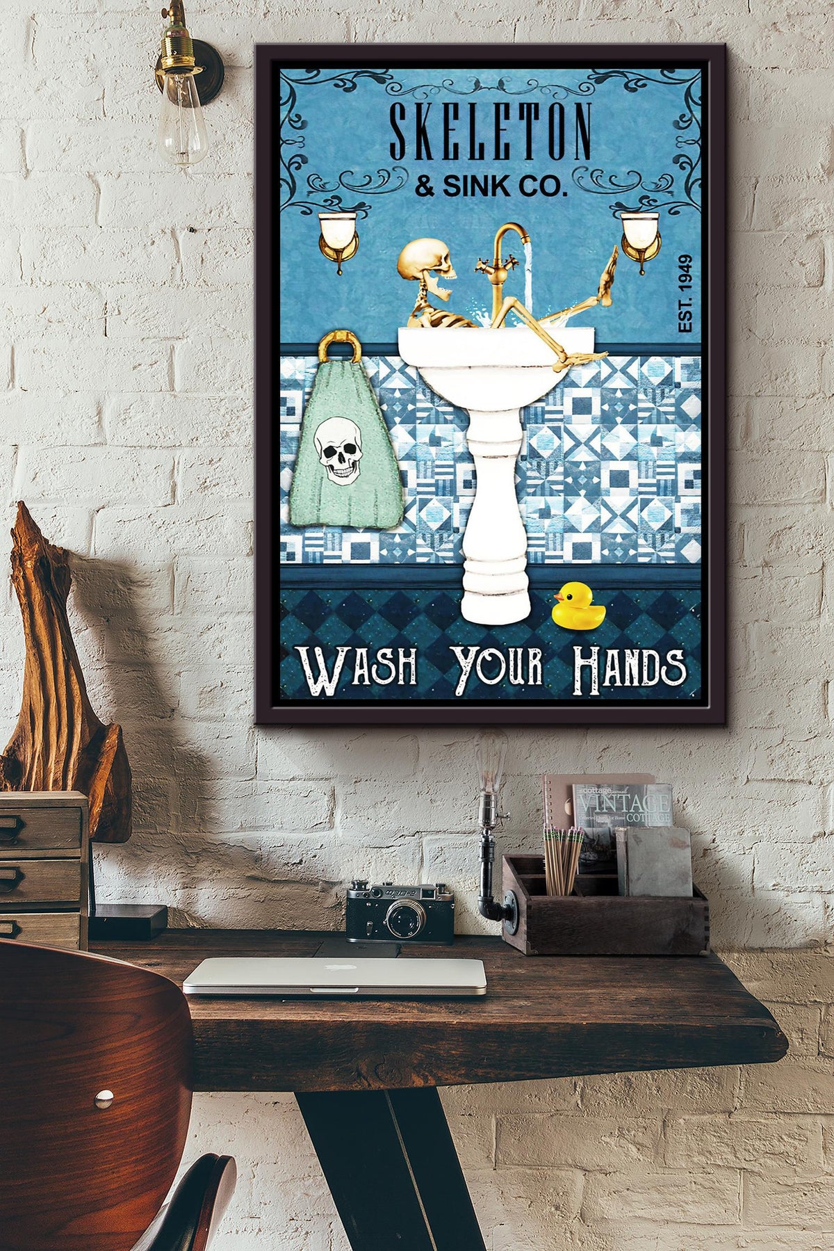 Skeleton In Sink Wash Your Hands Funny Wall Art For Bathroom Decor Housewarming Framed Canvas Framed Prints, Canvas