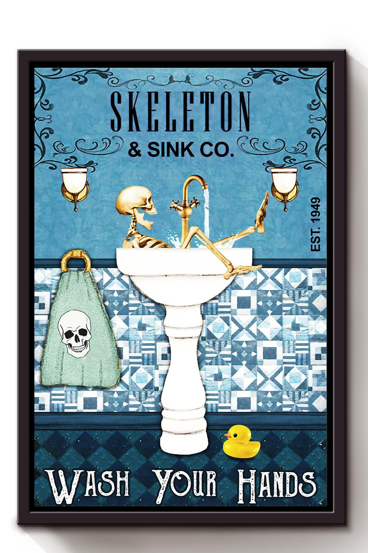 Skeleton In Sink Wash Your Hands Funny Wall Art For Bathroom Decor Housewarming Framed Canvas Framed Prints, Canvas