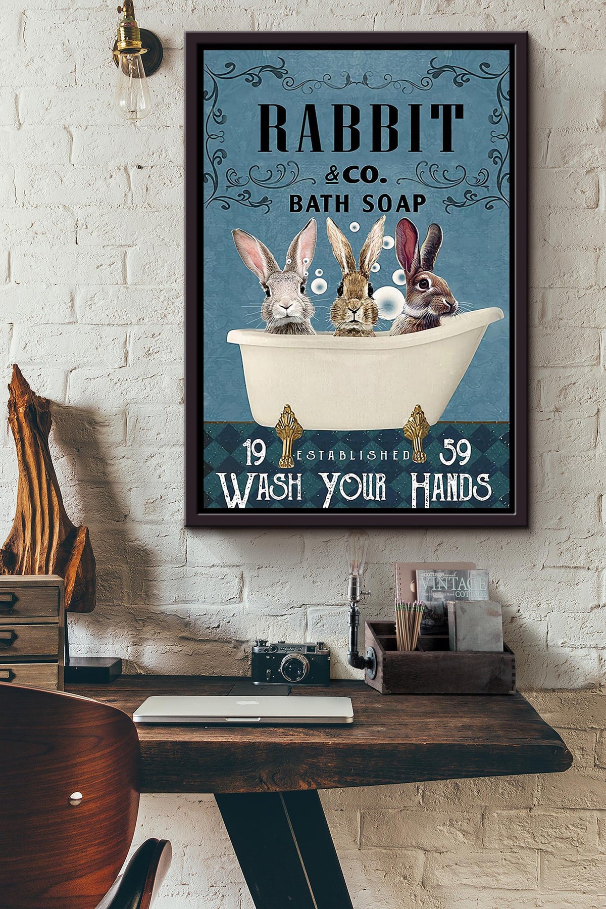 Wash Your Hands Poster For Bathroom Decor Rabbit Lover Gift Framed Canvas
