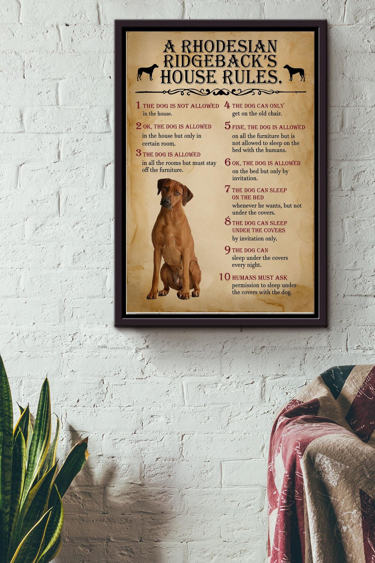 The Dog House Rules A Rhodesian Ridgeback Print Canvas Wall Art Poster Anniversary Birthday Christmas Housewarming Gift Home Framed Matte Canvas Framed Prints, Canvas