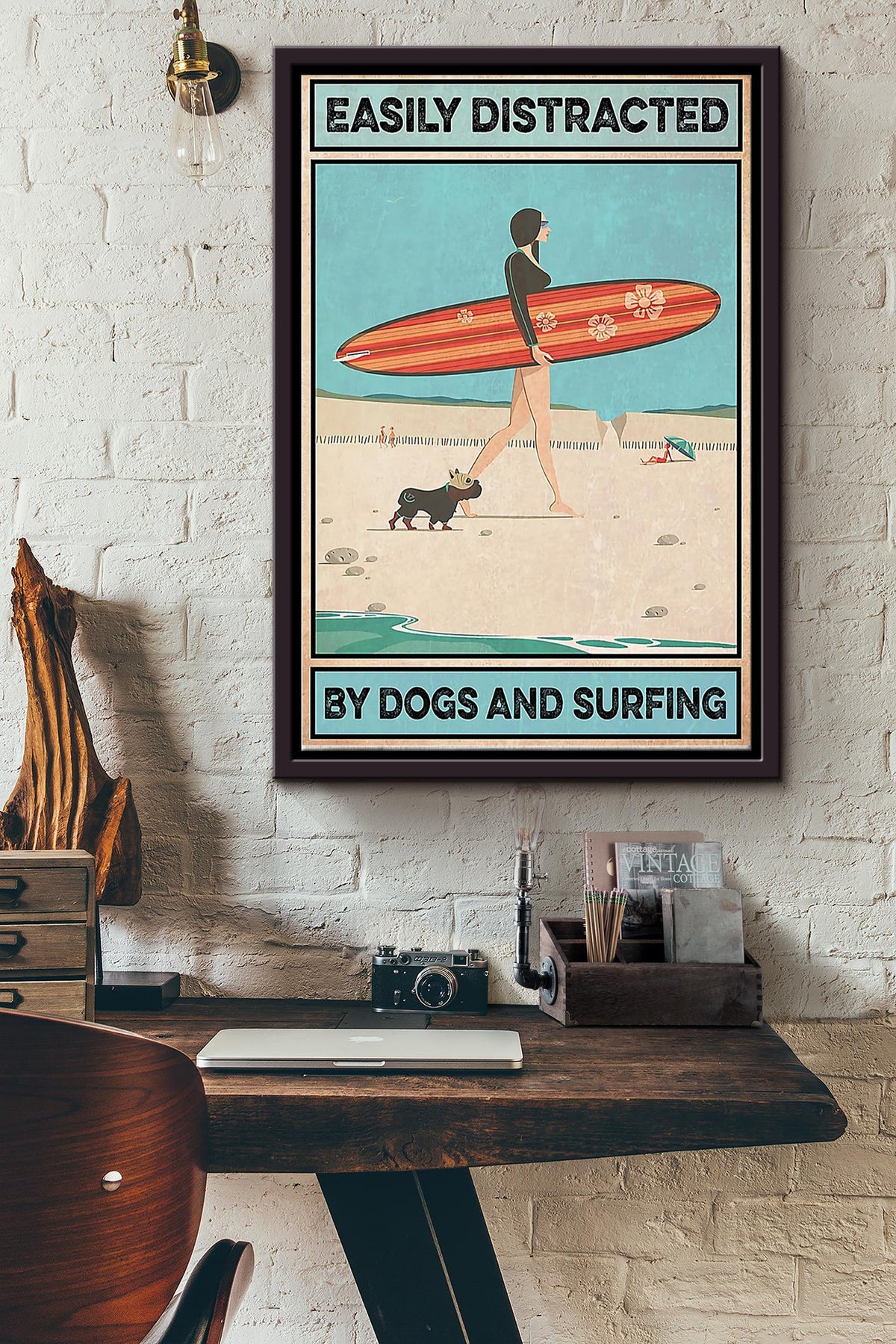 Surfing - Easily Distracted By Dogs And Surfing Framed Matte Canvas