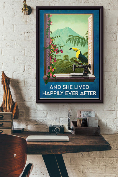 Sewing Tropical Sight She Lived Happily Ever After Poster Framed Matte Canvas