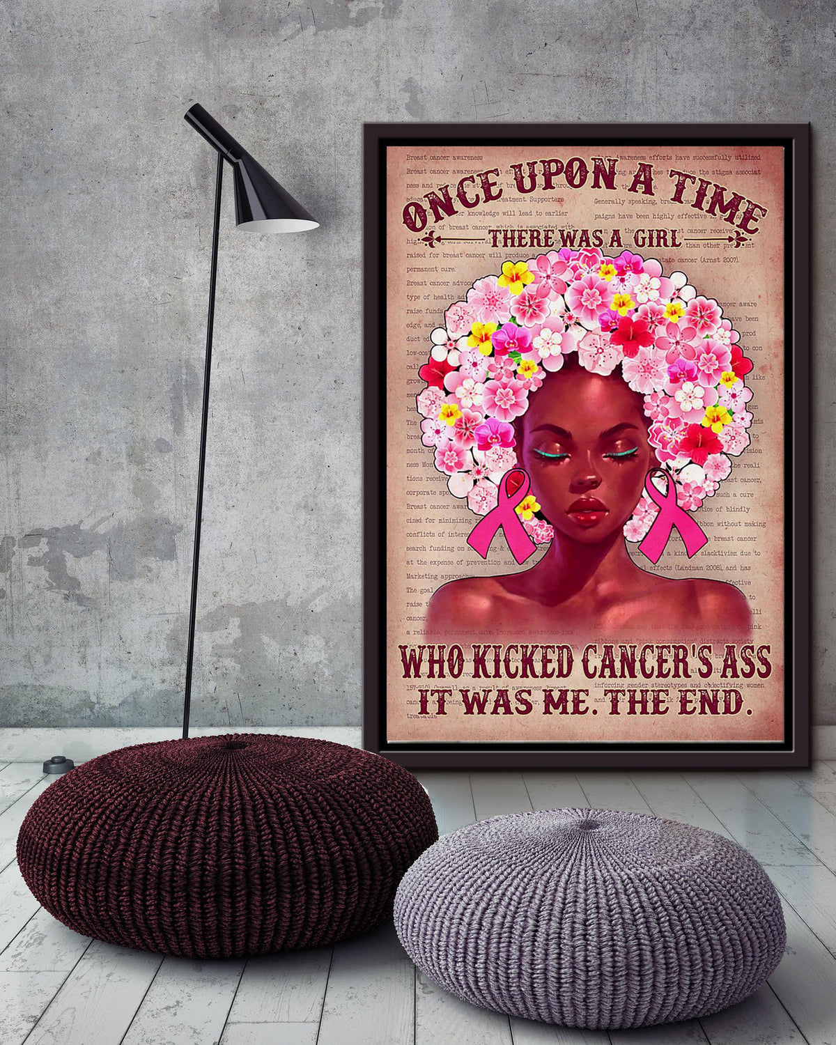 Once Upon A Time Girl Kicked Cancer Ass Vintage Wall Art Gift For Breast Cancer Patient Framed Matte Canvas Framed Prints, Canvas