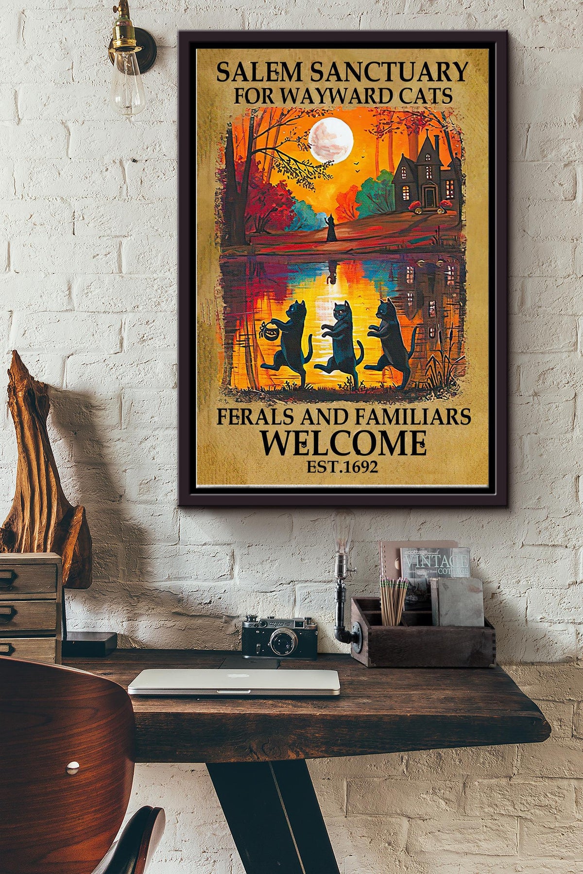 Salem Sanctuary For Wayward Black Cats Vintage Poster - Halloween Wall Art - Gift For Kids Halloween Black Cat Lover Adorable Moon Lover Framed Matte Canvas Framed Prints, Canvas